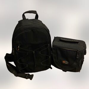 Amazon basics padded in multi pocket backpack and lowepro shoulder camera bag